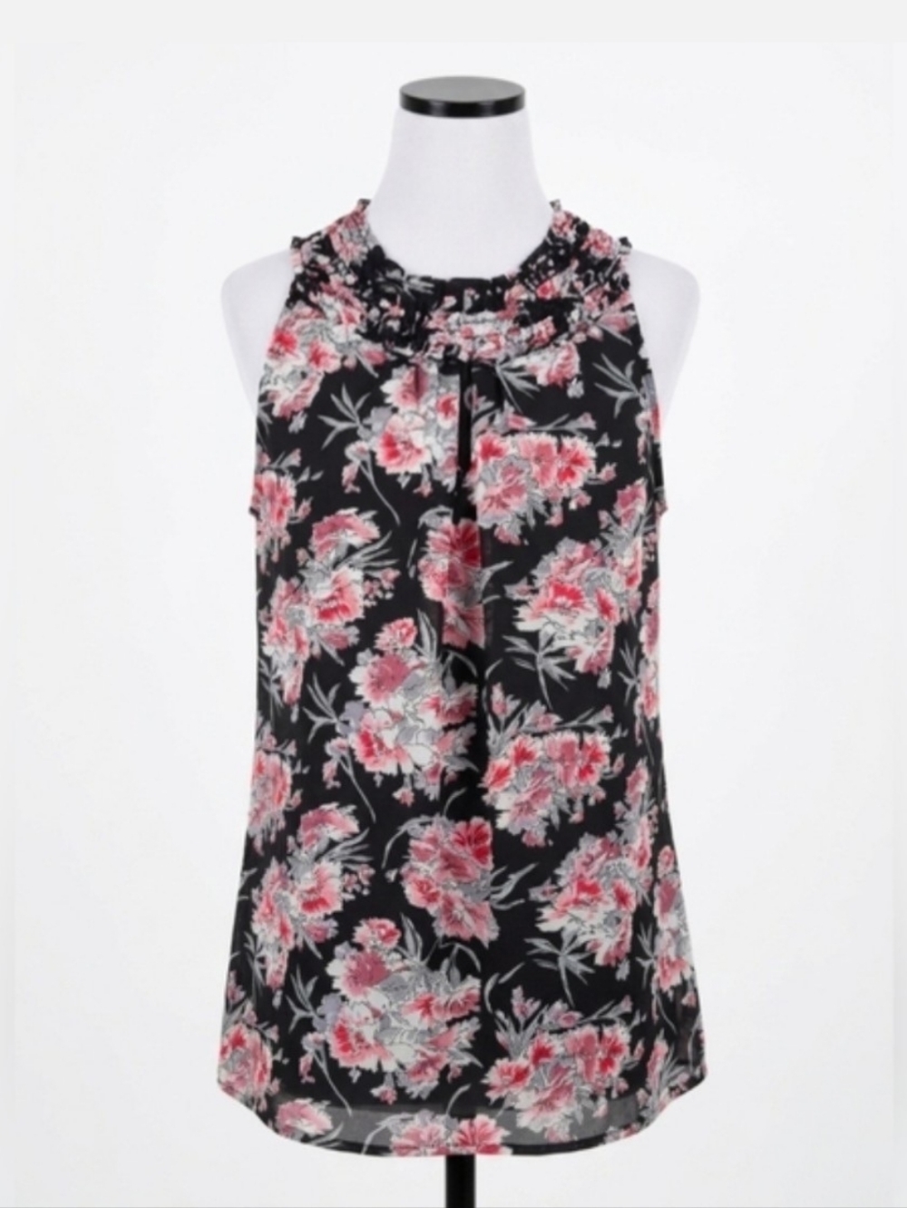 Beautiful Black Floral Sleeveless Ruffle-Neck Tunic by Jaipur